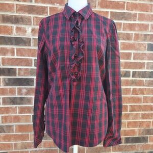 Talbots Red & Black Plaid Ruffle Front Button-Up Shirt – 10